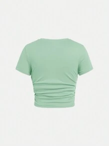 SHEIN Girlism Tween Girls Casual Crew Neck Short Sleeve Ruched Side T-Shirt With Scrunchie - Green - View 2