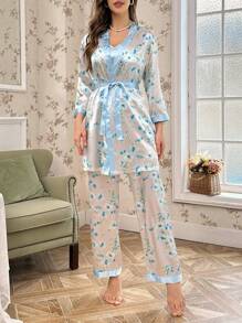 CottageSlumber 3pcs Contrast Floral Print Satin Cami Top & Pants And Robe Pajamas Set, Holiday Season, Fall Winter Clothes Cozy And Elegant Details - Baby Blue - View 4