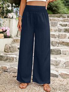 Breezaya Pantalones palazzo holgados con cordón en la cintura de unicolor para vacaciones para mujeres - Azul Marino - Ver 5