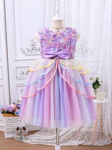 Girls Sleeveless Floral Embroidered Tulle Evening Dress, Flower Girl Wedding Party Gown For Junior Bridesmaids, Piano Recital & Pageant Performance