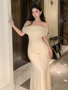 DAZY Đầm suông trễ vai màu trơn thanh lịch cho nữ, Đầm dự tiệc sinh nhật, tiệc năm mới, Đầm dự tiệc cưới cho nữ - Màu be - Xem 3
