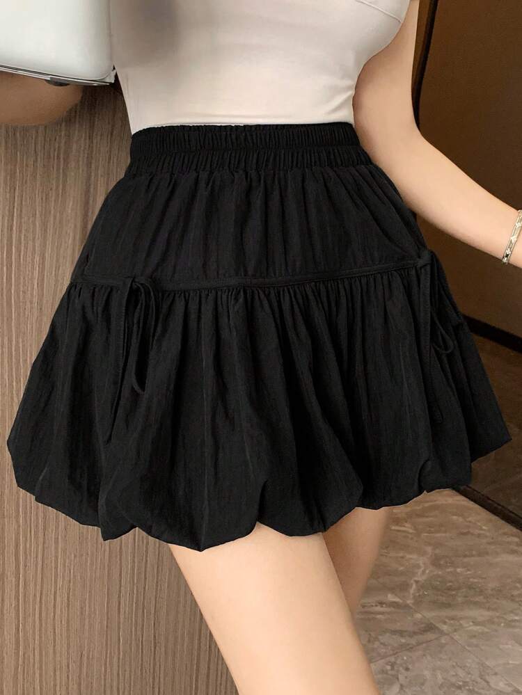 Women Solid Color Elastic Waist Front Tie Bow Flare Mini Skirt,Ruffle