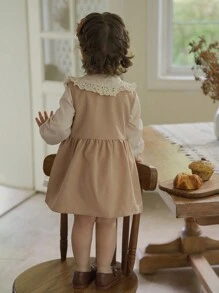 SHEIN Vintaside Kids 2pcs Baby Girl Embroidered Romper & Overall Dress Set, Spring & Fall - Khaki - View 2