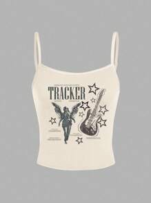 Attitoon Áo ba lỗ Cami họa tiết thiên thần đơn giản giản dị dành cho nữ, thích hợp cho lễ hội âm nhạc mùa hè - Màu be - Xem 3