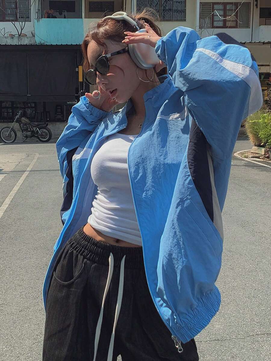 DAZY Women's Colorblock Loose Fit Jacket - Blue - View 1