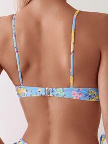 SHEIN Swim 女士夏季海灘小花朵前綁結性感比基尼套裝（隨機圖案），帶有鋼絲，無墊設計 - 彩色 - 查看 2