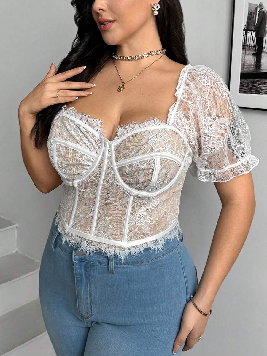 SHEIN Privé 大码女式优雅蕾丝边透明紧身胸衣上衣 - 白色 - 查看 1