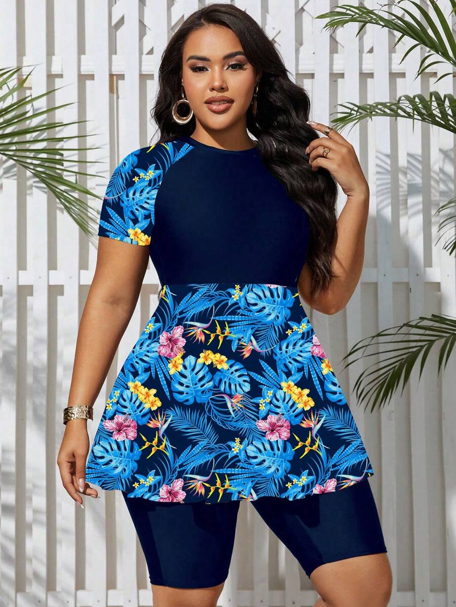 Swim Mulvari Plus Size Summer Beach Contrast Leaf Print Vacation Style Rashguard Set With Ruffled Hem - Multicolor - View 1