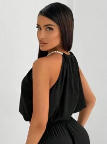 SHEIN SXY Débardeur d'été orné de perles artificielles pour femmes - Noir - Voir 1