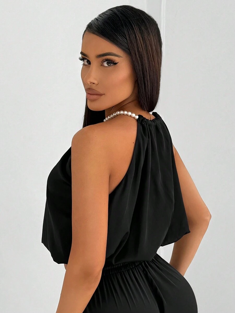 SHEIN SXY Débardeur d'été orné de perles artificielles pour femmes - Noir - Voir 1