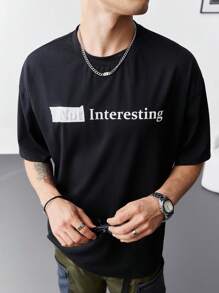 Manfinity Homme Tricou cu mânecă scurtă cu imprimeu cu litere, casual, pentru bărbați, vară - Negru - Vizualizare 5