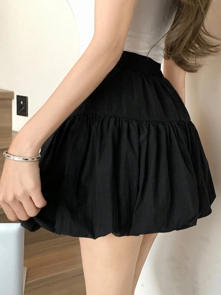 Women Solid Color Elastic Waist Front Tie Bow Flare Mini Skirt,Ruffle