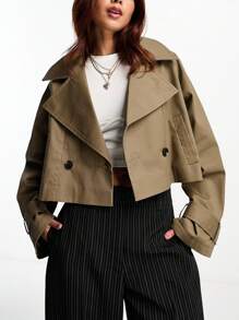 SHEIN Essnce Women's Spring/Summer Or Fall Clothes  Khaki Cropped Trench Coat In Olive Long Sleeve  Raglan Sleeve Double Button Crop Trench Coat For Spring & Autumn  Back To School Clothes  Teacher Clothes
