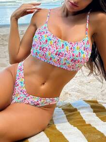 Swim Mod 女士夏季海滩碎花比基尼套装，随机印花，性感露背两件套比基尼套装