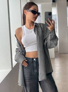 DAZY 女士休闲格子宽松落肩衬衫春夏季法兰绒女装秋季女装长袖上衣 - 黑色 - 查看 2