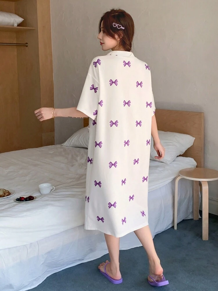 Women's Bow Tie Printed Open Front Bathrobe Pajama