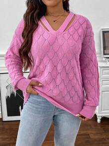 SHEIN Clasi Große Größen Pullover mit V-Ausschnitt, Rhombus Muster und Hohlräumen, Langarm
