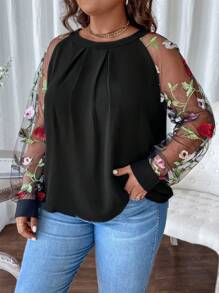 SHEIN LUNE Blusa casual de talla grande para mujer con contraste de malla y bordado