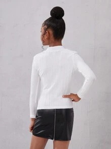 SHEIN Leap Crew Cô gái Tween Cổ giả Đồ đan Ribbed Áo thun - trắng - Xem 2