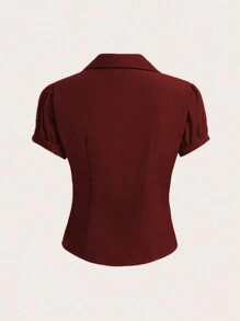Sweetra V 领褶皱镂空女式腰部短袖衬衫，时尚办公室装女式衬衫 - 酒紅色 - 查看 2