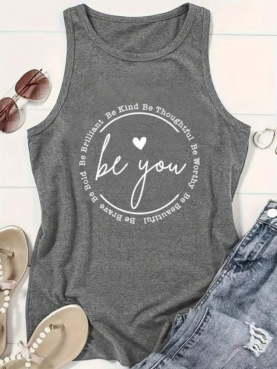 INAWLY Camiseta de verano informal con texto impreso "Sé amable, sé considerado, sé digno, sé tú mismo, sé valiente, sé audaz, sé brillante" - Blusas gráficas para mujeres - Gris Oscuro - Ver 1