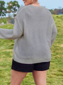 Calvaya Suéter de cuello redondo con estampado de bandera americana de manga larga, tejido, para talla grande, otoño e invierno - Gris - Ver 2