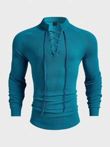 Manfinity VCAY T-shirt casual en tricot à manches longues avec lacets à œillets de couleur unie pour hommes, printemps été