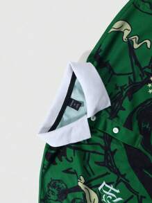 ROMWE MEN Street Life Men's Figure Graphic Short Sleeve Polo Football Jersey Style Shirt, Suitable For Daily Wear In Spring And Summer, School