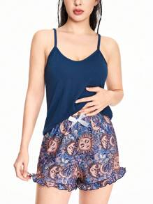 ROMWE Fairycore Bộ đồ ngủ in họa tiết áo dây mảnh phong cách Hippie dành cho nữ và quần short viền bèo nhún - Nhiều màu - Xem 1
