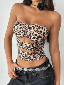 SHEIN Unity Blusa sexy para mujer sin tirantes con diseño estampado de leopardo y tejido calado - Multicolor - Ver 6