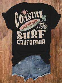 INAWLY 字母印花圆领 T 恤，女士休闲短袖上衣，春夏图案 T 恤女上衣 - 黑色 - 查看 2