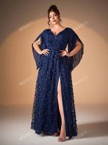 Vestido de graduación de gama alta, vestido de fiesta, vestido de baile de graduación, con cuello en V, mangas con aplicaciones de encaje y perlas, y bordados en 3D de Mgiacy para tallas grandes