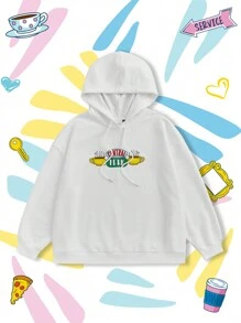 FRIENDS X SHEIN 大码时尚咖啡杯和电影海报印花白色宽松抽绳卫衣，春秋季 - 白色 - 查看 1