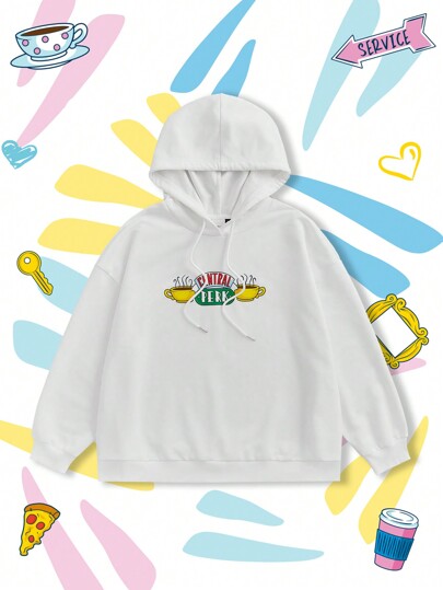 FRIENDS X SHEIN 大码时尚咖啡杯和电影海报印花白色宽松抽绳卫衣，春秋季