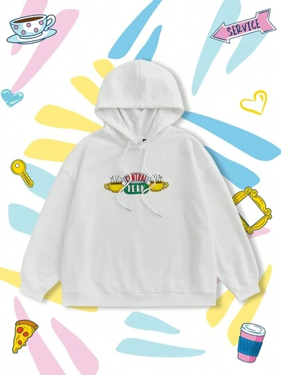 FRIENDS X SHEIN 大码时尚咖啡杯和电影海报印花白色宽松抽绳连帽衫，春秋装
