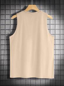 Manfinity Homme Men Letter Print Round Neck Casual Tank Top, Sleeveless Graphic Going Out Vintage Tank Top For Husband - Khaki - View 2