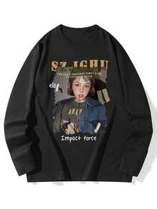 Women's Round Neck Casual Versatile Teenage Long Sleeve Fashionable Printed T-Shirt, Autumn/Winter - Black - View 4