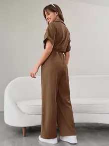 Mulvari Women Summer Drop Shoulder Solid Color Blouse And Wide Leg Jumpsuit - Coffee Brown - View 2