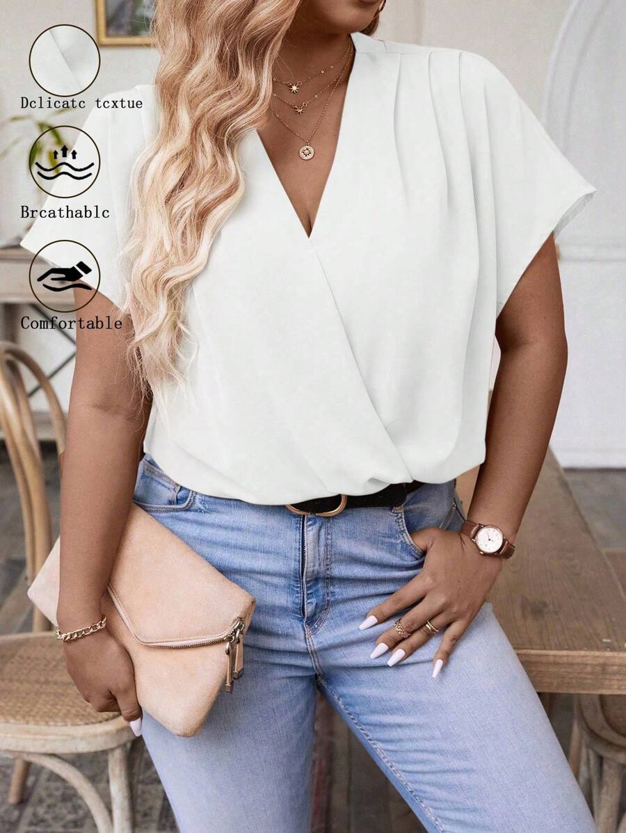 SHEIN Clasi 大码纯色斜领褶皱衬衫 - 白色 - 查看 1