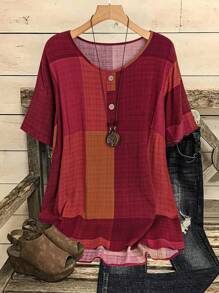 EMERY ROSE 夏季格子宽松圆领短袖大码女式衬衫 - 紅色 - 查看 1