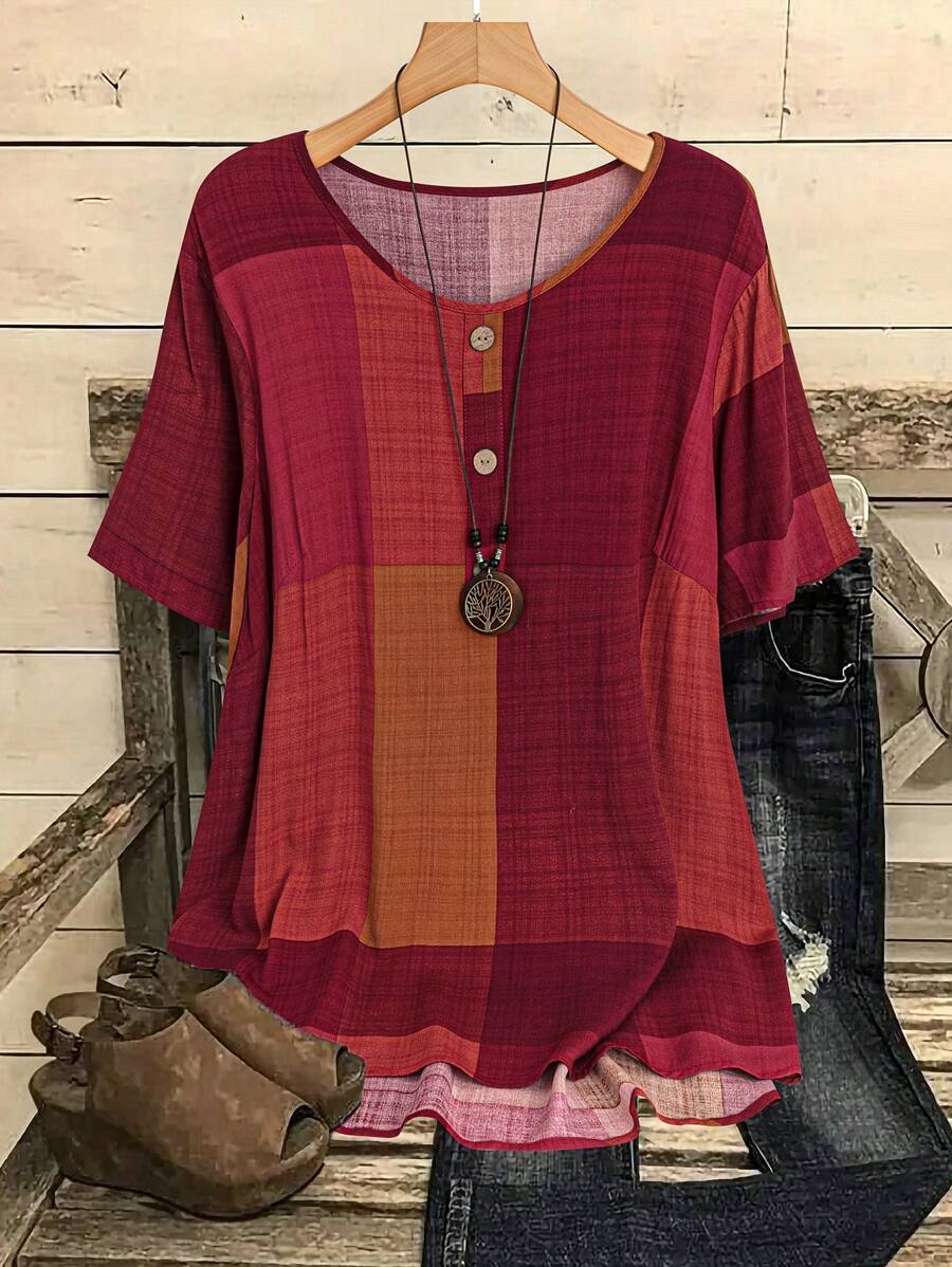 EMERY ROSE 夏季格子宽松圆领短袖大码女式衬衫 - 紅色 - 查看 1