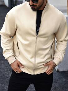 Manfinity Homme Men's Zipper Pocket Long Sleeve Solid Color Simple Casual Fashion Jacket Coat For Everyday Wear, Back To School - Apricot - View 1