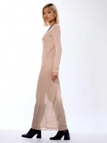 MUSERA Collared Sheer Low Cut Maxi Sweater Dress - Camel - View 3
