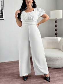 SHEIN Privé Cộng với kích thước Bộ áo liền quần màu trắng tay phồng giản dị và thanh lịch thoải mái có đường viền cổ cho phụ nữ, vừa vặn - trắng - Xem 4