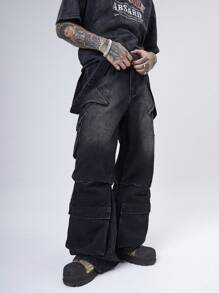 Manfinity Roghcode Quần Jeans Ống Rộng Baggy Jeans Cargo Đen Retro Streetwear Cho Nam, Dành Cho Chồng, Quà Tặng Bạn Trai - màu đen - Xem 1