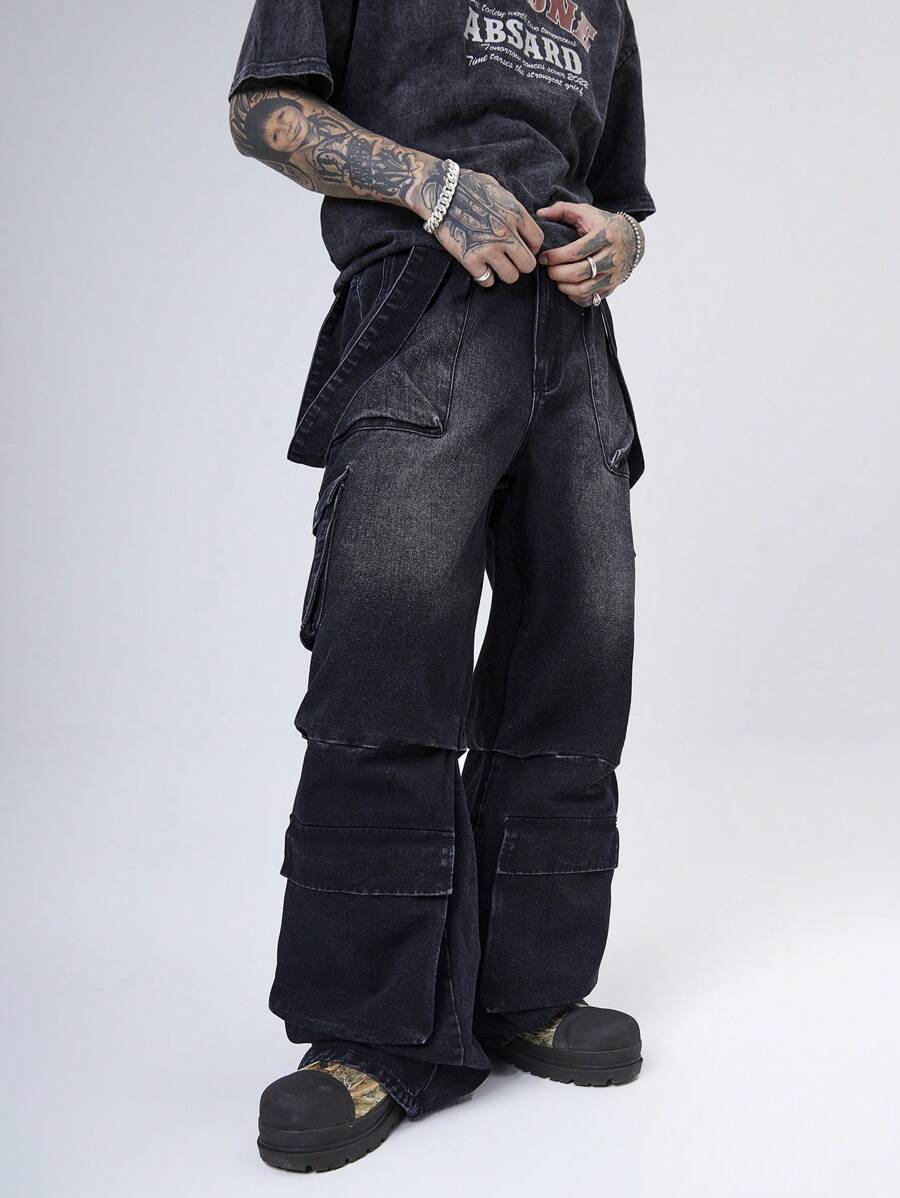 Manfinity Roghcode Quần Jeans Ống Rộng Baggy Jeans Cargo Đen Retro Streetwear Cho Nam, Dành Cho Chồng, Quà Tặng Bạn Trai - màu đen - Xem 1