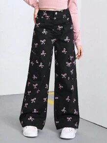 Sparklyn Tween Girl 阔腿牛仔裤 蝴蝶印花 时尚休闲裤 长裤 - 黑色 - 查看 4