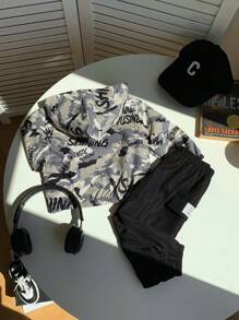 SHEIN 2 piezas Conjunto de chaqueta con capucha y pantalón de chándal con estampado de letras y camuflaje de color contrastante para niño bebé, casual y deportivo, primavera otoño invierno - Multicolor - Ver 2