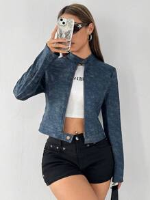 Muchica Áo khoác dệt denim tay dài cài nút phía trước cho nữ, mặc thường ngày - Rửa tối - Xem 3
