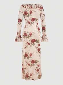 Firerie Women's Romantic Floral Printed Long Sleeve Dress, With Ruffle Hem,Long Flared Sleeve Dress,Fishtail Hem Long Dress,Fall Dresses,Homecoming Dresses,Boho Dress,Elegant Dress For Daily, Commuting, Holiday, Party, Dating